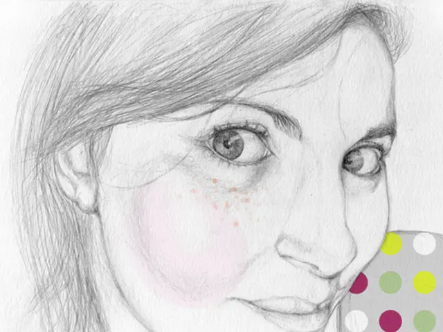 This is the sketch of the woman with a mark on her cheek. And she is wearing a T shirt with a...